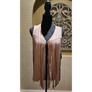 French BSue 70's Western Hippie Suede Fringe Open Vest In Blush Pink PM NWT